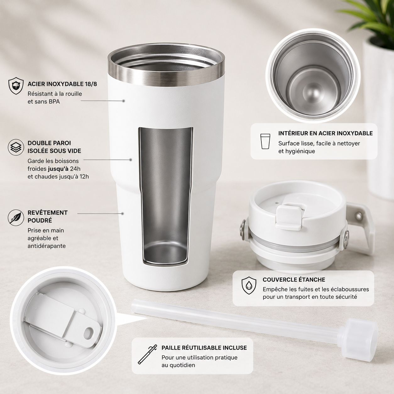 Gobelet Thermique Élégant avec Anse Pailletée – Acier Inoxydable Double Paroi avec Couvercle Étanche
