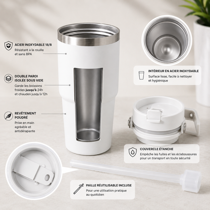 Gobelet Thermique Élégant avec Anse Pailletée – Acier Inoxydable Double Paroi avec Couvercle Étanche